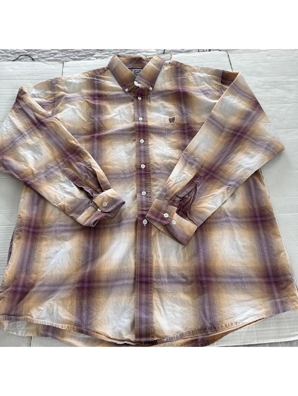 Cinch Western Maroon Tan Rust Plaid Western Cowboy Dress Shirt Extra Large.